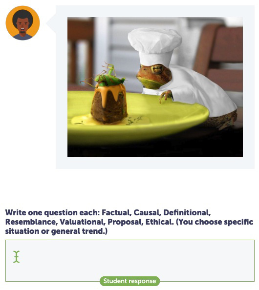 A frog in a chef's outfit sits behind a large plate with a small pudding on top. The pudding is decorated with a grasshopper topper. Underneath, we ask students to write questions that could be answered by each of the 7 types of argument.