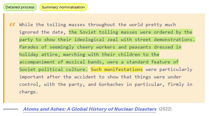 A description from Atoms and Ashes about Soviet parades and demonstrations after the Chernobyl disaster, where the author details the parades, then summarises the description with the nominalisation "manifestations".