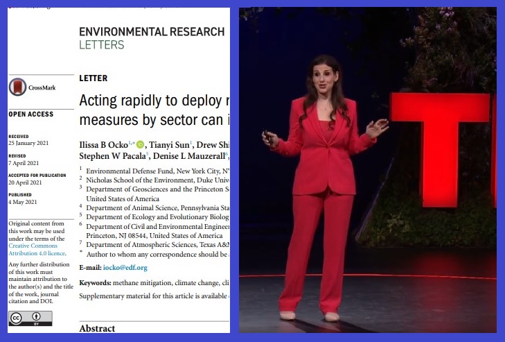 Left: A screenshot of a paper written by Ilissa Ocko and published in the Environmental Research Journal. Right: Ilissa Ocko on stage at TED.