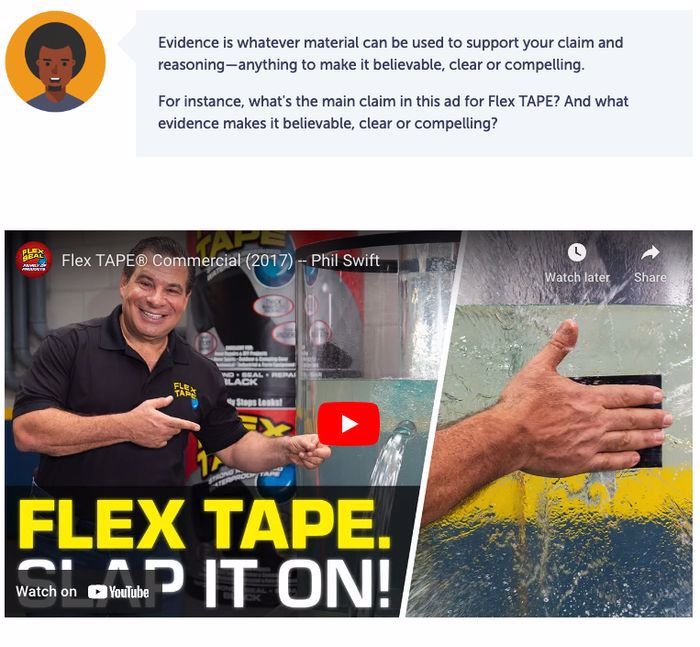In one part of the lesson, students are encouraged to analyse the evidence presented in an ad for Flex TAPE.