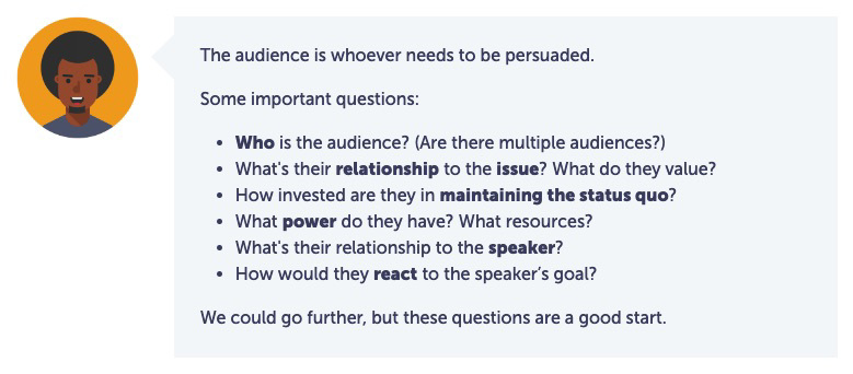 Screenshot from the lesson showing questions we can ask about the audience. Who are they? What do they value? How invested are they in the status quo? What power do they have?