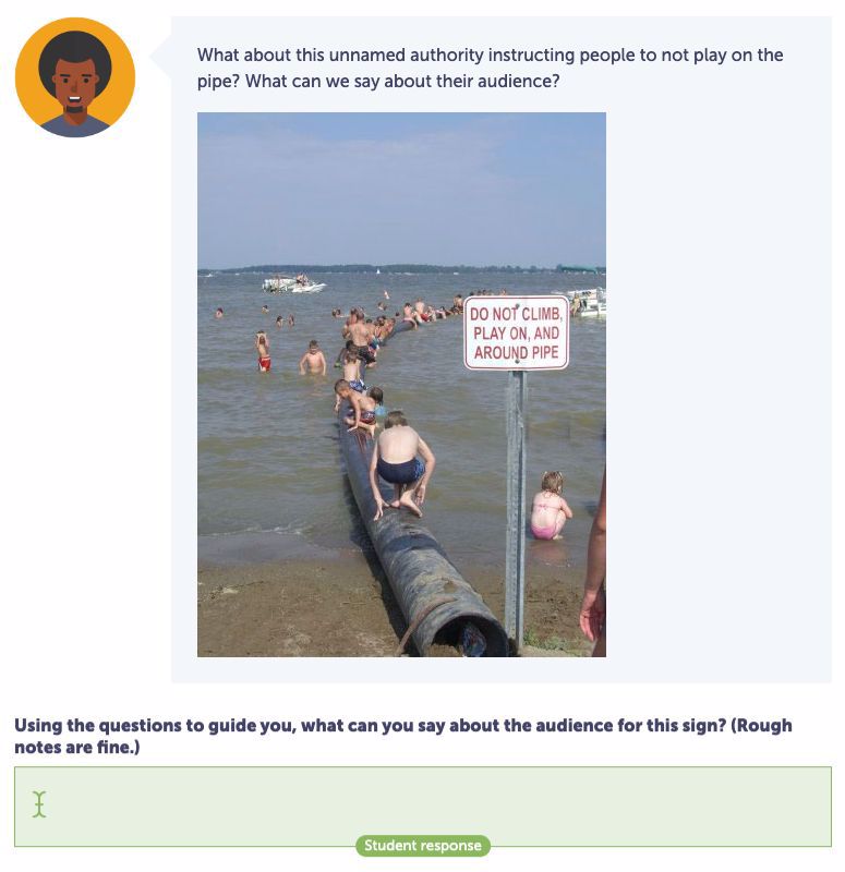 A screenshot from the lesson asking students to analyse the audience of a sign telling visitors not to play on a pipe in the sea. In the photo, loads of children are playing on the pipe.