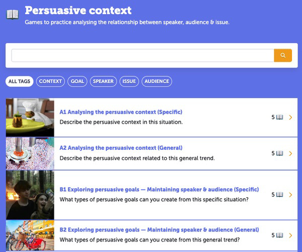 Persuasive context game prompts in the Frankenstories prompt library for describing the context as a whole, or for zoning in on the speaker, issue, audience, or goal.