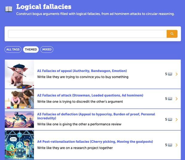 The logical fallacies prompts sample a range of fallacy types, such as appeals (to authority, to popularity, to emotion), attacks (strawman, loaded questions, ad hominem), and deflection (appeal to hypocrisy, shifting the burden of proof, personal incredulity)