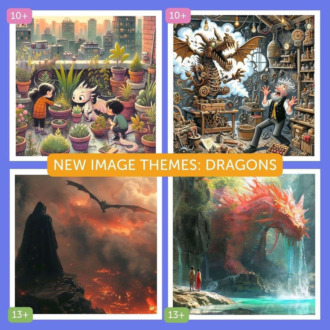 A sample of images from our 'cute' and 'dramatic' dragon themes: 1. A dragon helping some kids with their rooftop garden. 2. An inventor surprised by his clockwork dragon coming to life. 3. A black robed figure watching a dragon soar over a burning valley. 4. Two figures on a rocky lake outcrop watch a majestic red dragon emerge from the forest.