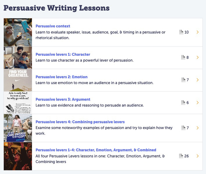 The persuasive levers lessons can be found in the Persuasive Writing section of the Lesson Library.