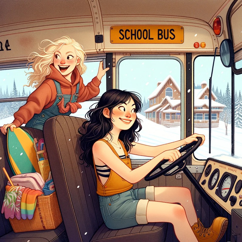 Two teen girls steal a school bus full of beach gear to escape the snow outside.