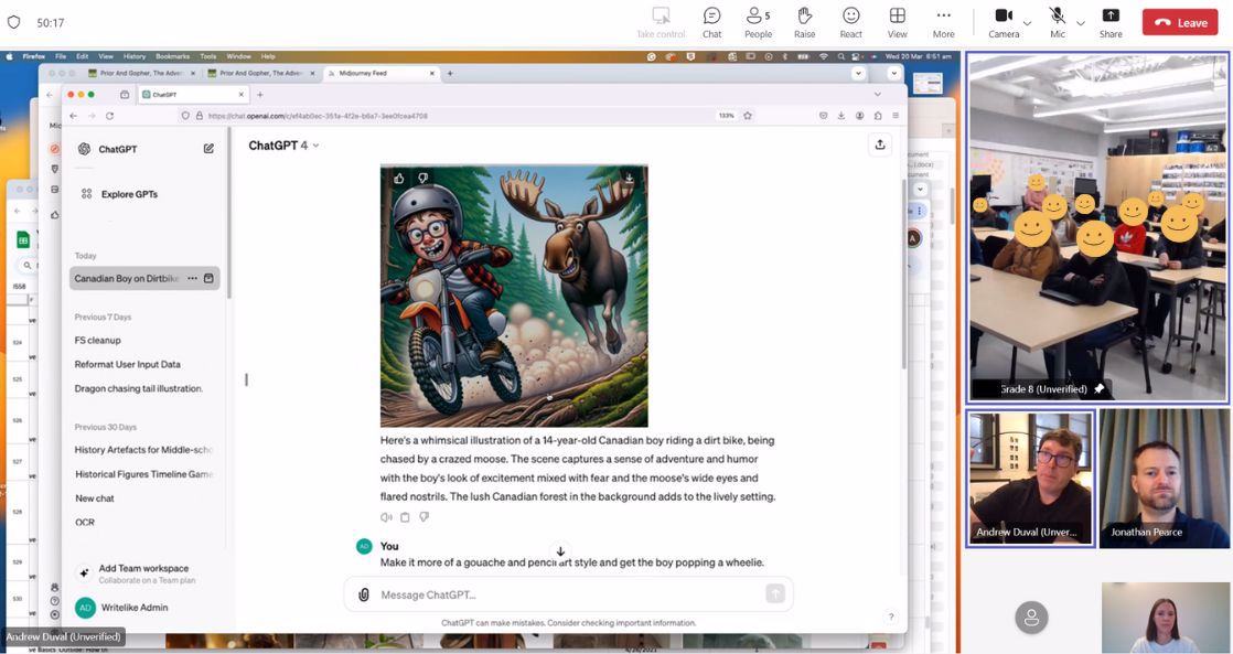 A shot from our video chat where we showed the class our process for generating images. They threw us the concept of a kid riding a dirt bike being chased by a moose. Dall-e via ChatGPT4 got the basic concept in one go.