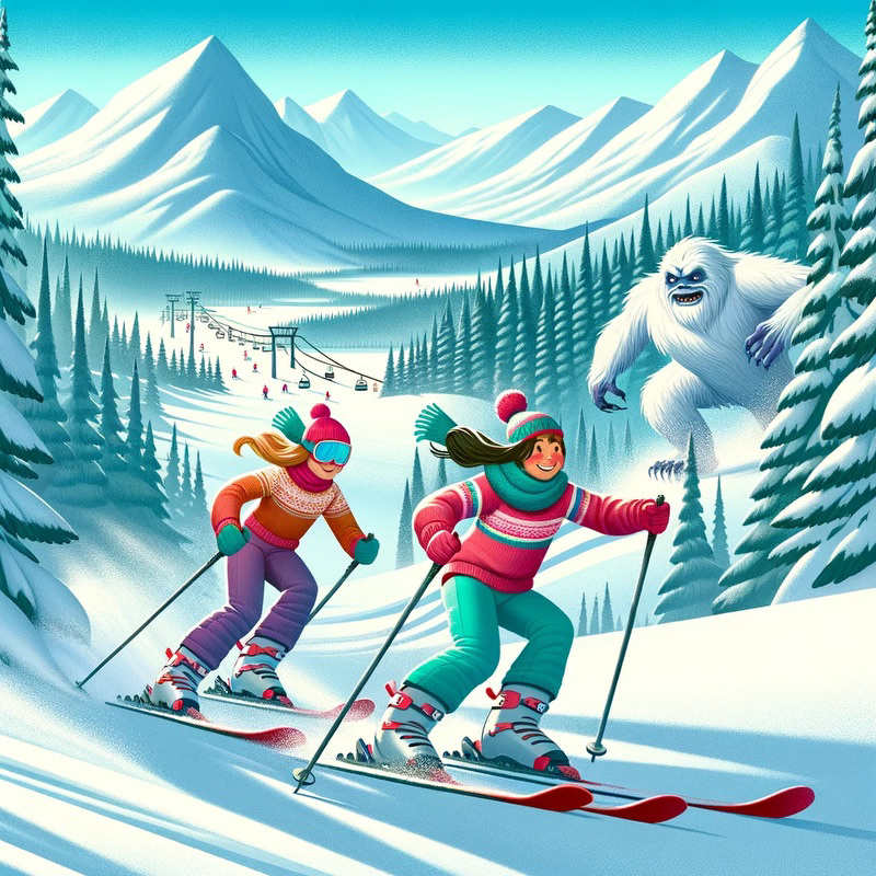A cartoony ski slope with two skiers being chased by a yeti.