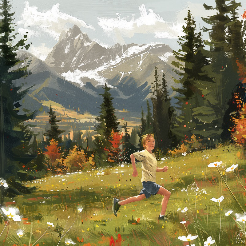 A painterly-style landscape of a boy running through a flower-filled meadow surrounded by looming mountains and towering trees.