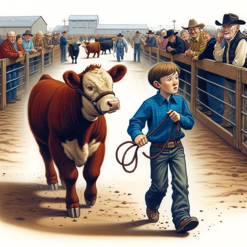 A cartoonish image of a nervous-looking boy leading a coy through a fair, with spectators either side.