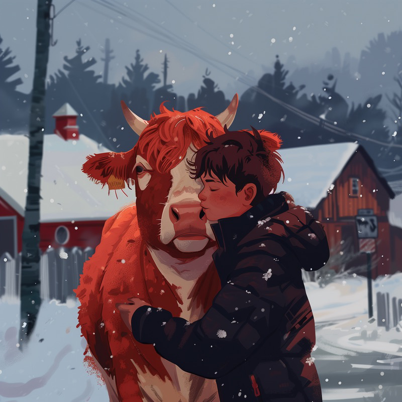 A painterly-style portrait of a boy hugging a cow in a snowy street.