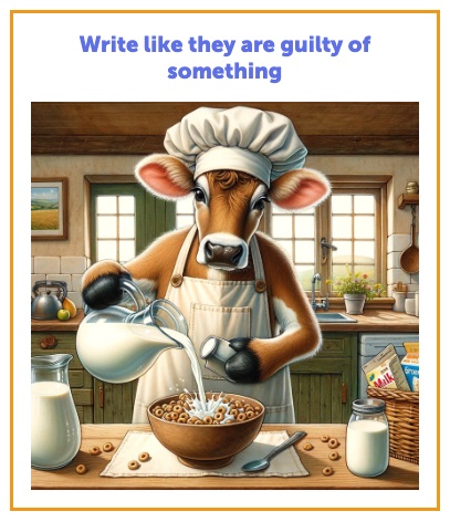 Frankenstories prompt: Write like they are guilty of something. The image is of a cow in a cook's outfit pouring milk into a bowl of cereal.