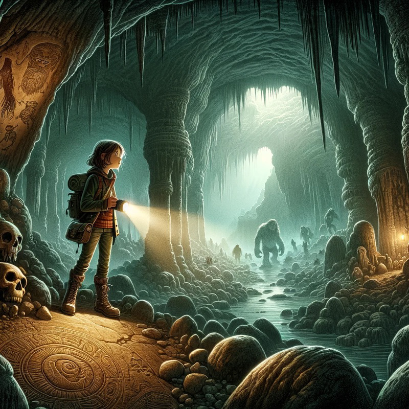 A cartoonish image of a girl with a flashlight exploring a great cavern. Deep in the cavern are the silhouettes of large hairy monsters.