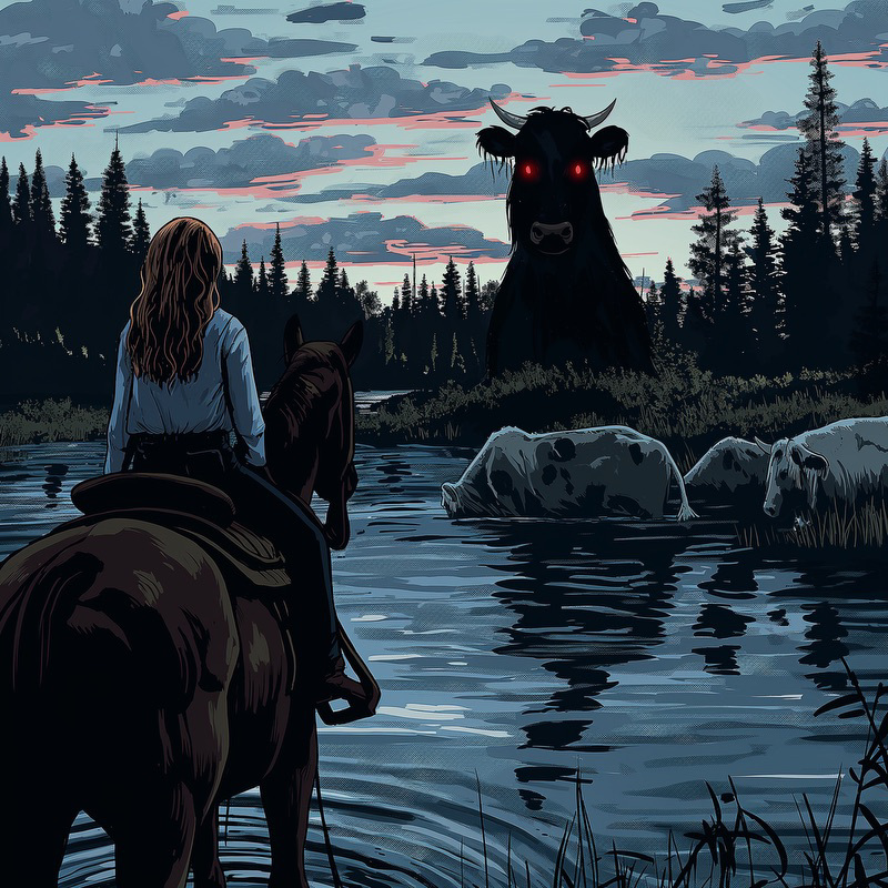 A painterly style image of a woman on a horse looking out over a herd of cows wading through a river at sunset. On the other side, the giant silhouette of a cow rises from the bank, eyes glowing red.