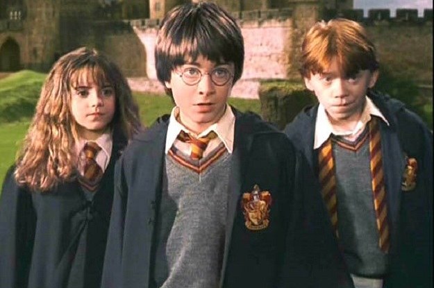 tween-age Harry, Ron and Hermione, well groomed, wearing school uniform, looking innocent