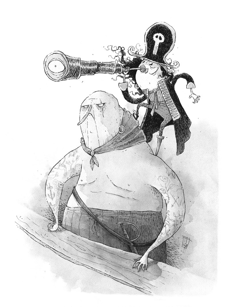 very large man with tattoos and a sword with a much smaller man in a big pirate hat, peg leg and spyglass stands on his shoulder looking out