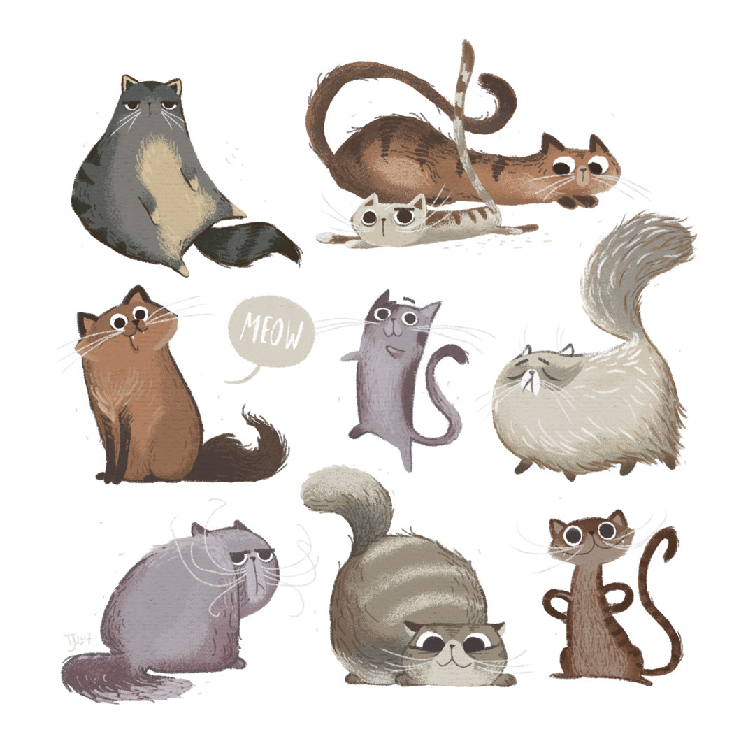 nine cats of various shapes, sizes and colours in different poses