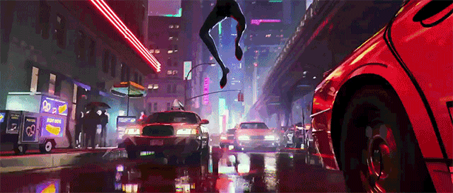Spiderman Into the Spider Verse trailer animation of spiderman running through traffic