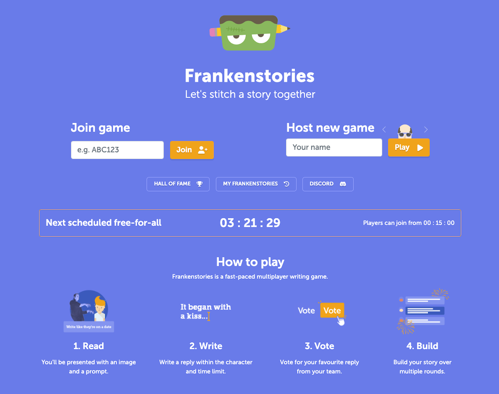 Frankenstories homepage with the scheduled game notice
