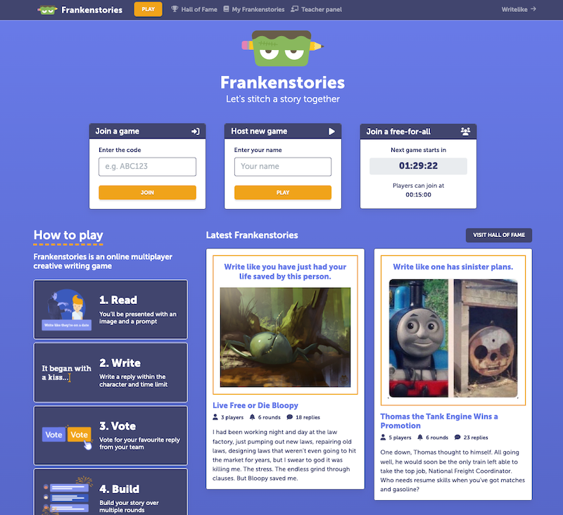 The Frankenstories homepage showing previews of the latest Hall of Fame stories. "Thomas the Tank Engine Wins a Promotion" is hilariously dark.