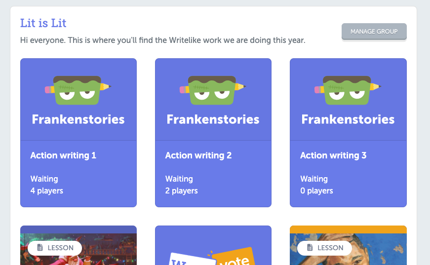 How Frankenstories game cards appear to students inside the Writelike group