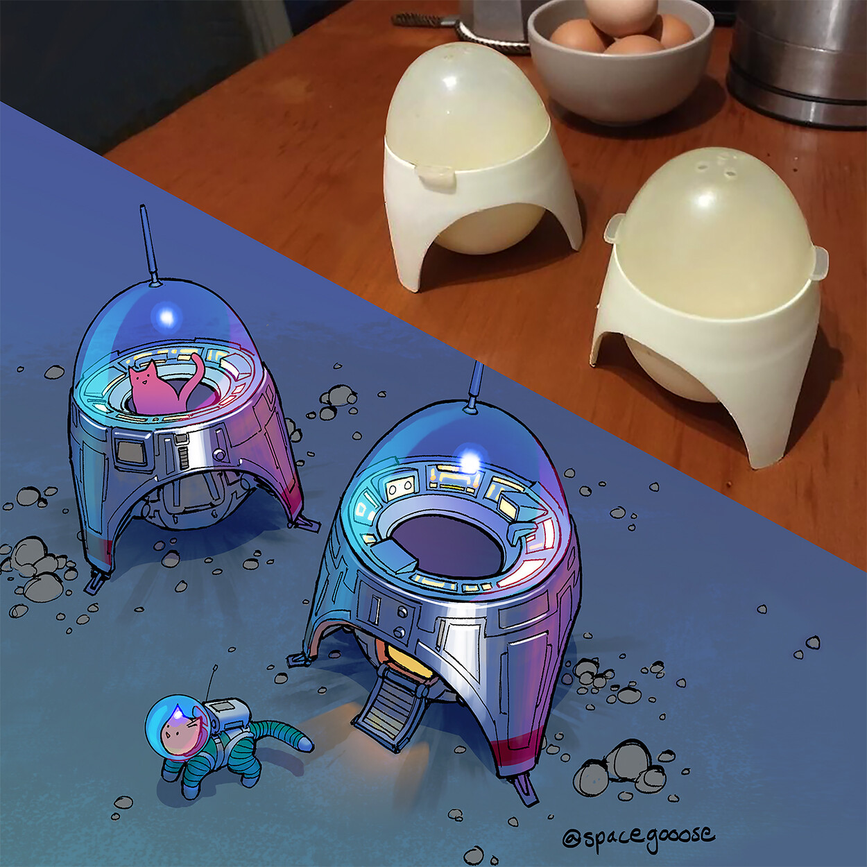 Space lander and egg cup comparison
