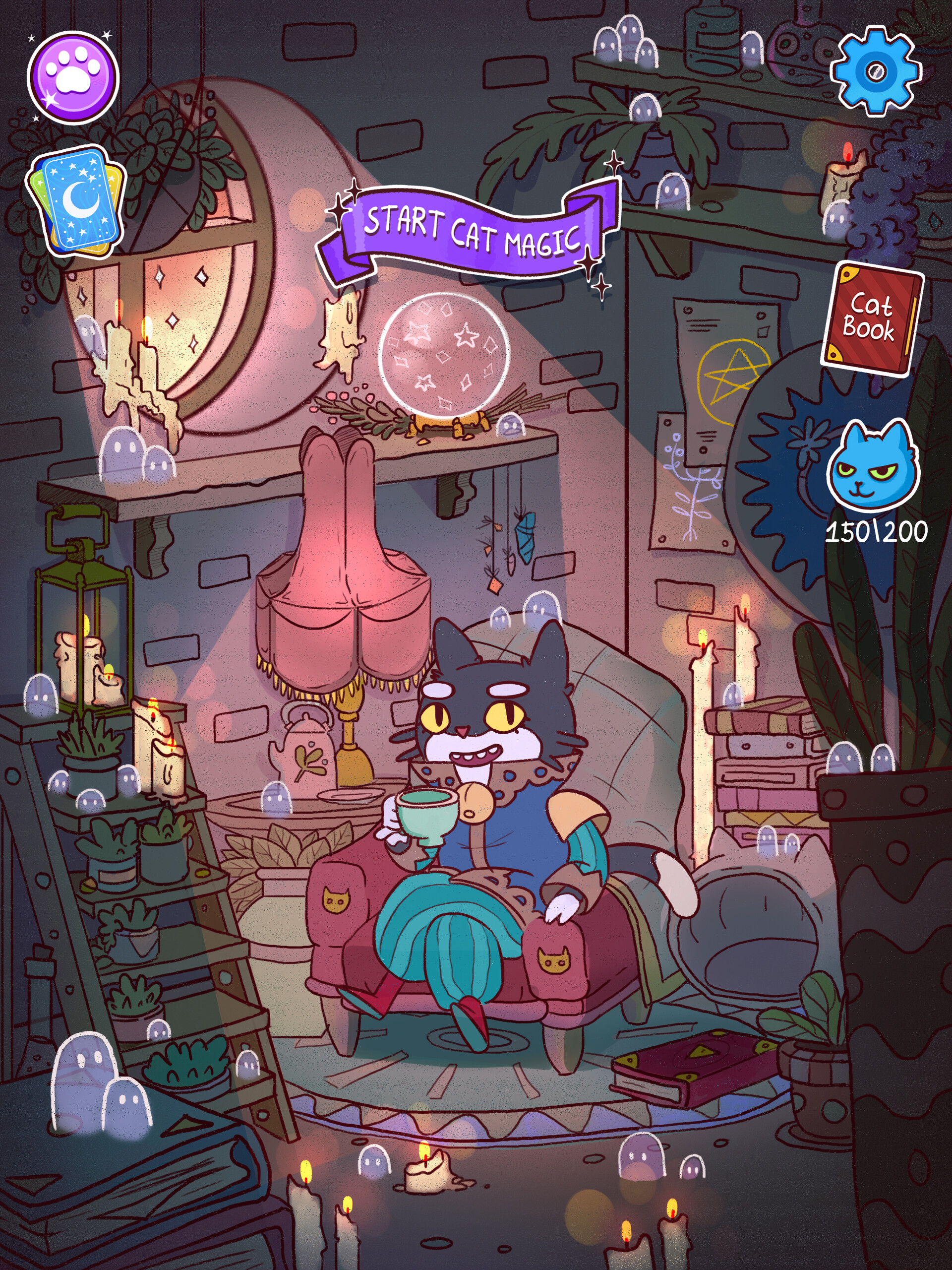 Cat in wizards clothes in a stone brick room with occult furnishings and little spirits. There are various button icons: a paw print, a stack of cards with a crescent moon on the back, a cog, a book, and a health tracker.