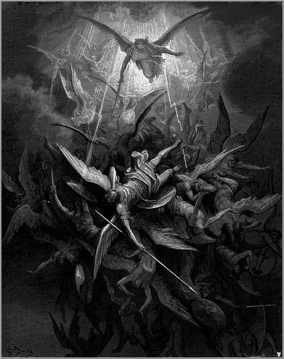 Gustave Dore Paradise Lost engraving of angels at war